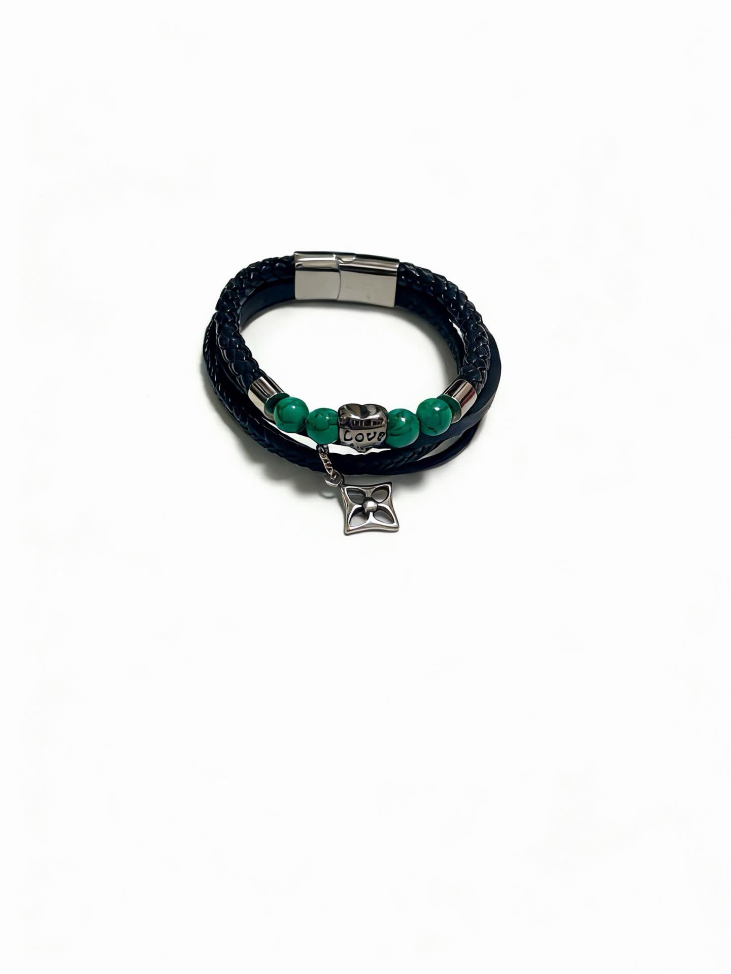 Louis Vuitton Men's Double Wrap Bracelet with Green Beads and Silver Charm